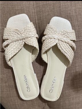 Calvin Klein Beige Woven Slide-On Women’s Mules
